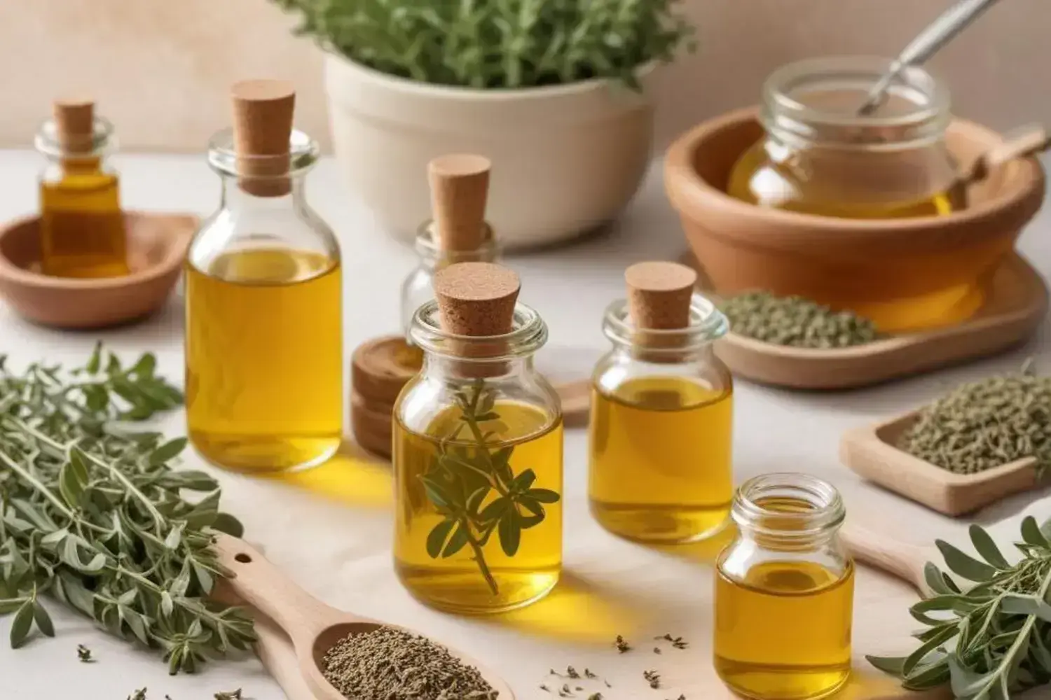 Frascos con aceite de orégano casero y hierbas frescas en una mesa clara Varios frascos de vidrio con aceite de orégano casero, rodeados de hojas frescas y frascos de hierbas secas, sobre una superficie clara.