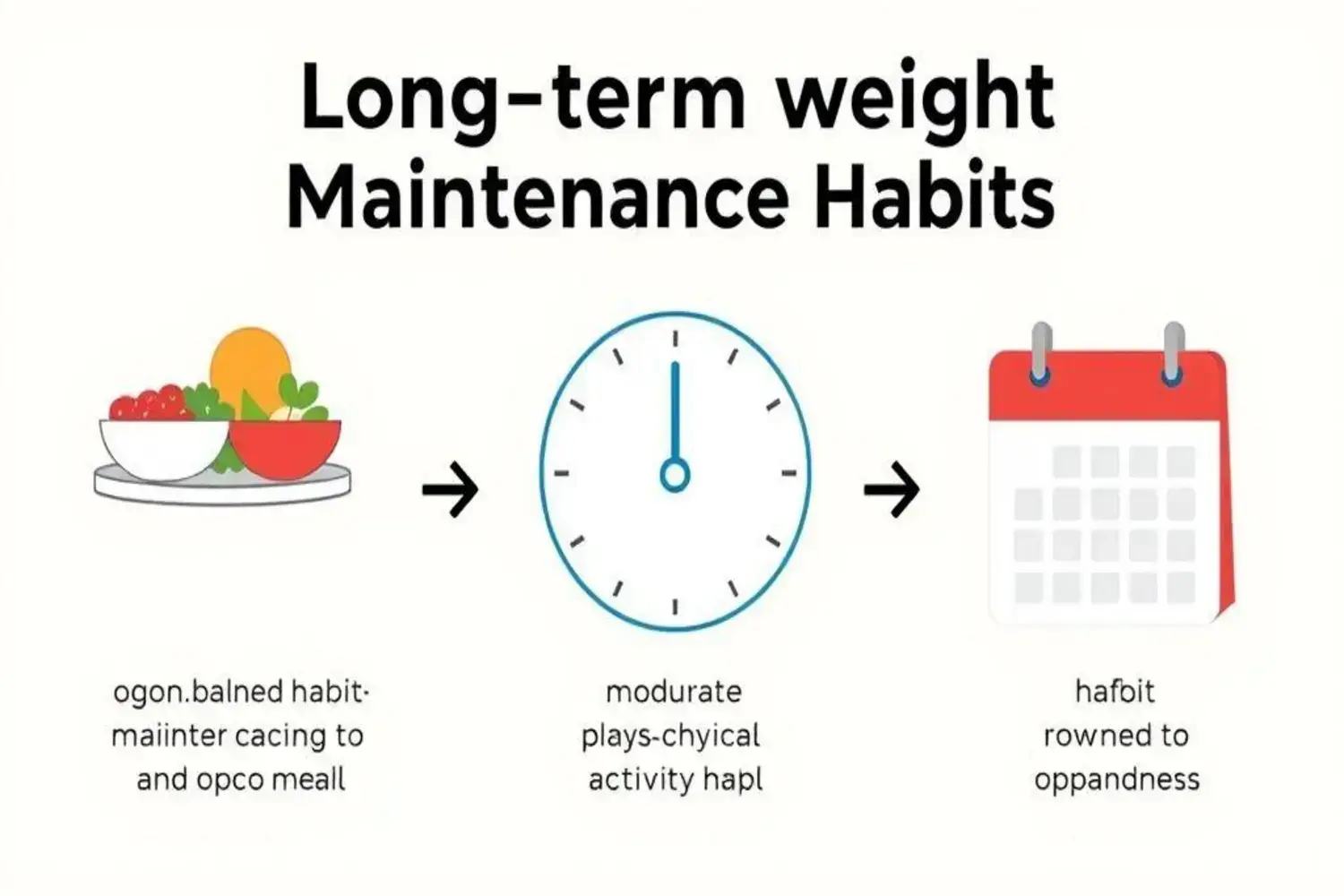 Gráfica ilustrativa con un plato de frutas coloridas, un reloj azul y un calendario rojo, destacando habitos para bajar de peso.