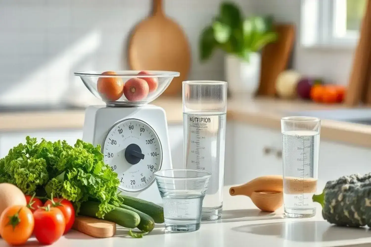 Báscula blanca con bowl de vidrio lleno de manzanas rojas y naranjas, rodeada de verduras frescas, y vasos medidores de agua, reflejando el tema de por qué no adelgazo.
