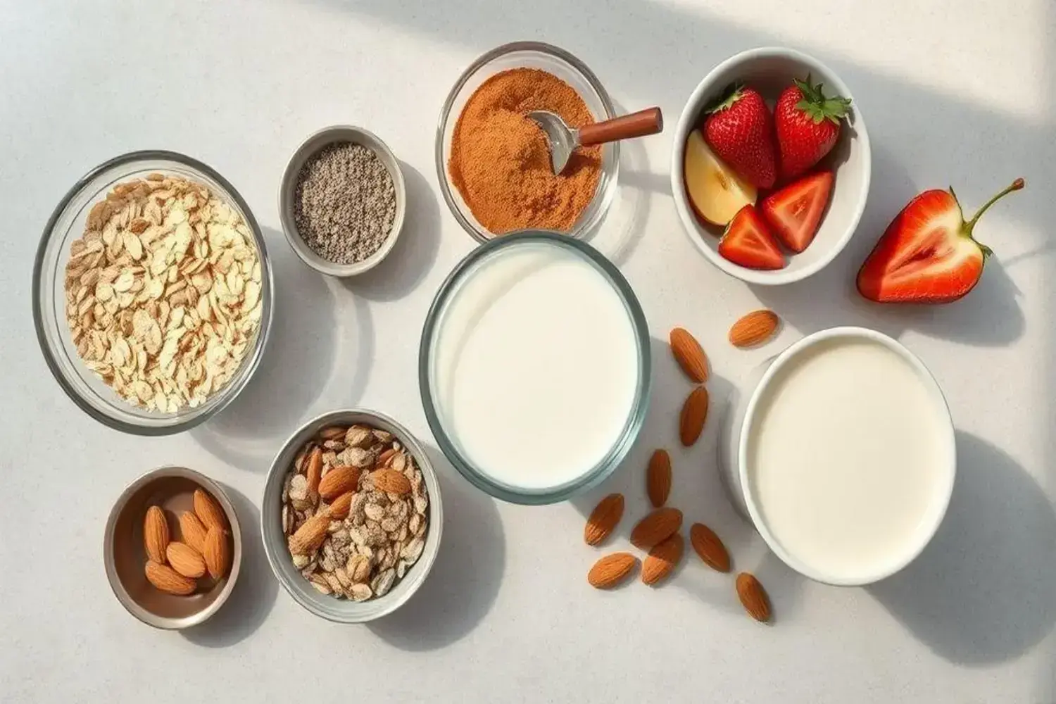 Ingredientes para gachas de avena: copos de avena, almendras marrones, fresas rojas brillantes, y leche blanca en varios recipientes de cerámica sobre fondo claro.