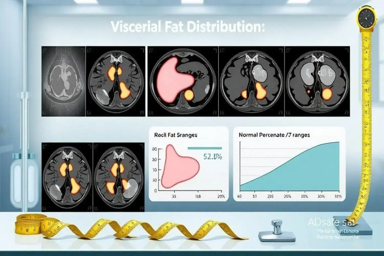 Imágenes en escáner mostrando la distribución de grasa visceral, con tonalidades negras y naranjas destacando órganos. Gráfico y cinta métrica amarilla en primer plano.