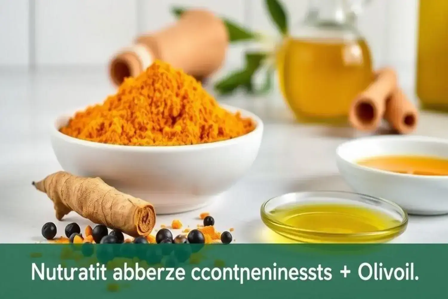 Pila con curcuma beneficios de cúrcuma en polvo naranja brillante en un cuenco blanco, rodeada de raíces de cúrcuma y aceite en pequeños platos transparentes, sobre superficie clara.