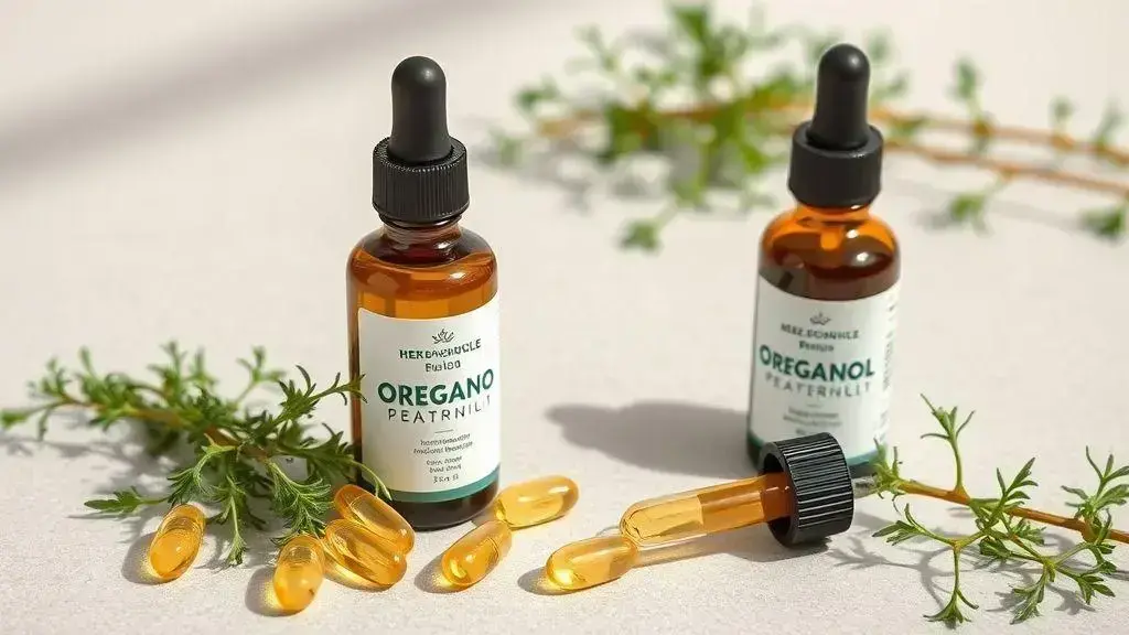 Dos frascos de aceite de orégano tomado sobre una superficie clara, rodeados de hojas verdes frescas y cápsulas de gel amarillas brillantes.