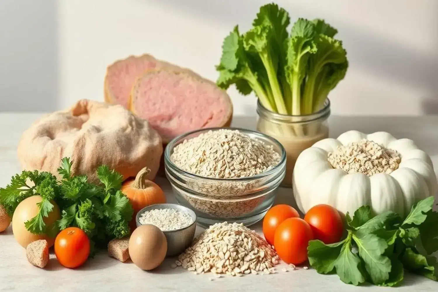 Variedad de ingredientes saludables para dieta dukan, incluyendo avena, tomates rojos, y apio verde en un entorno iluminado.