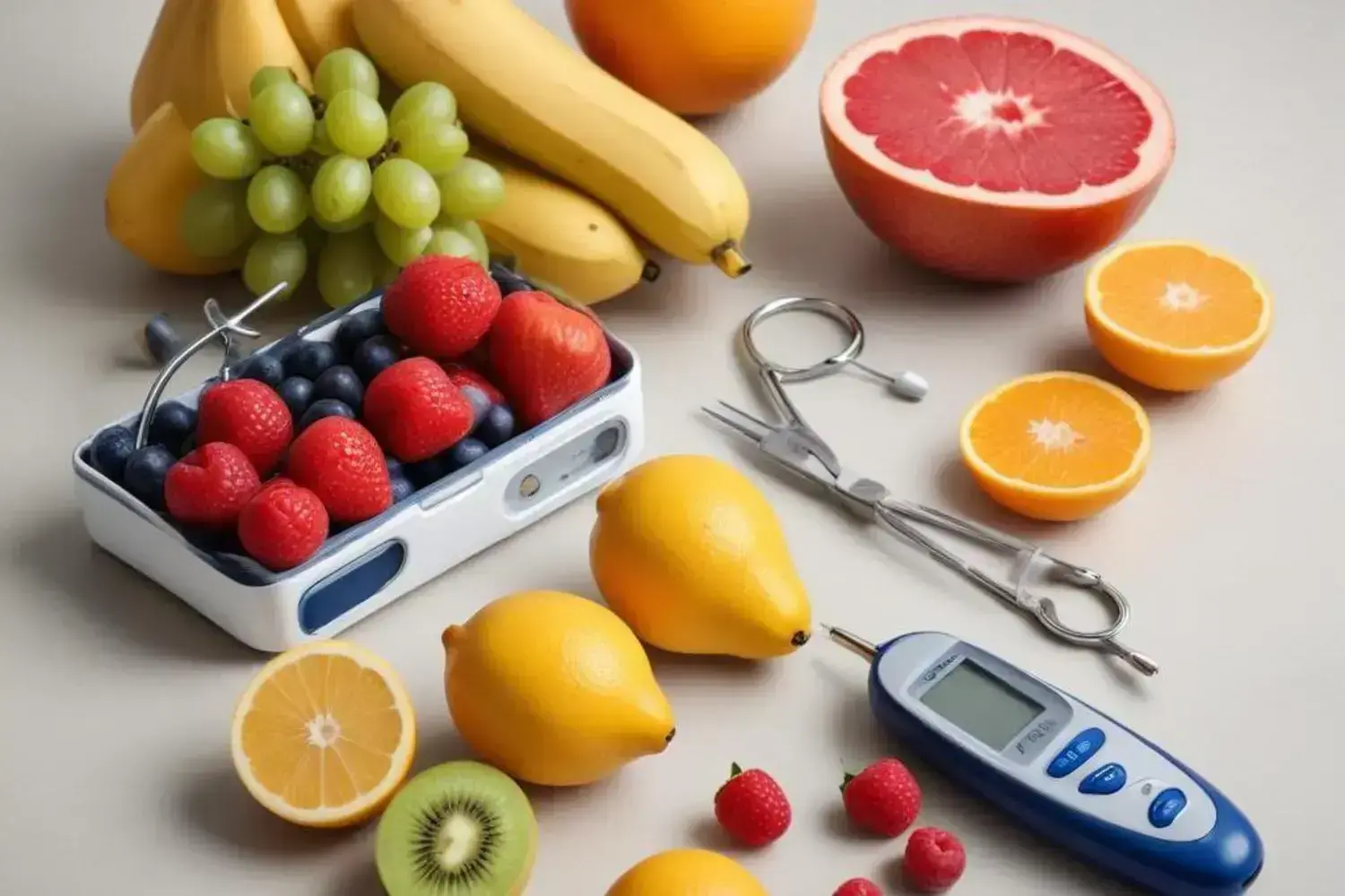 Selección de frutas frescas y un medidor de glucosa, ilustrando la gestión de diabetes tipo 2 Variedad de frutas coloridas sobre una superficie clara, incluyendo plátanos amarillos, uvas verdes y una bandeja con fresas rojas y arándanos, junto a un medidor de glucosa, representando diabetes ti