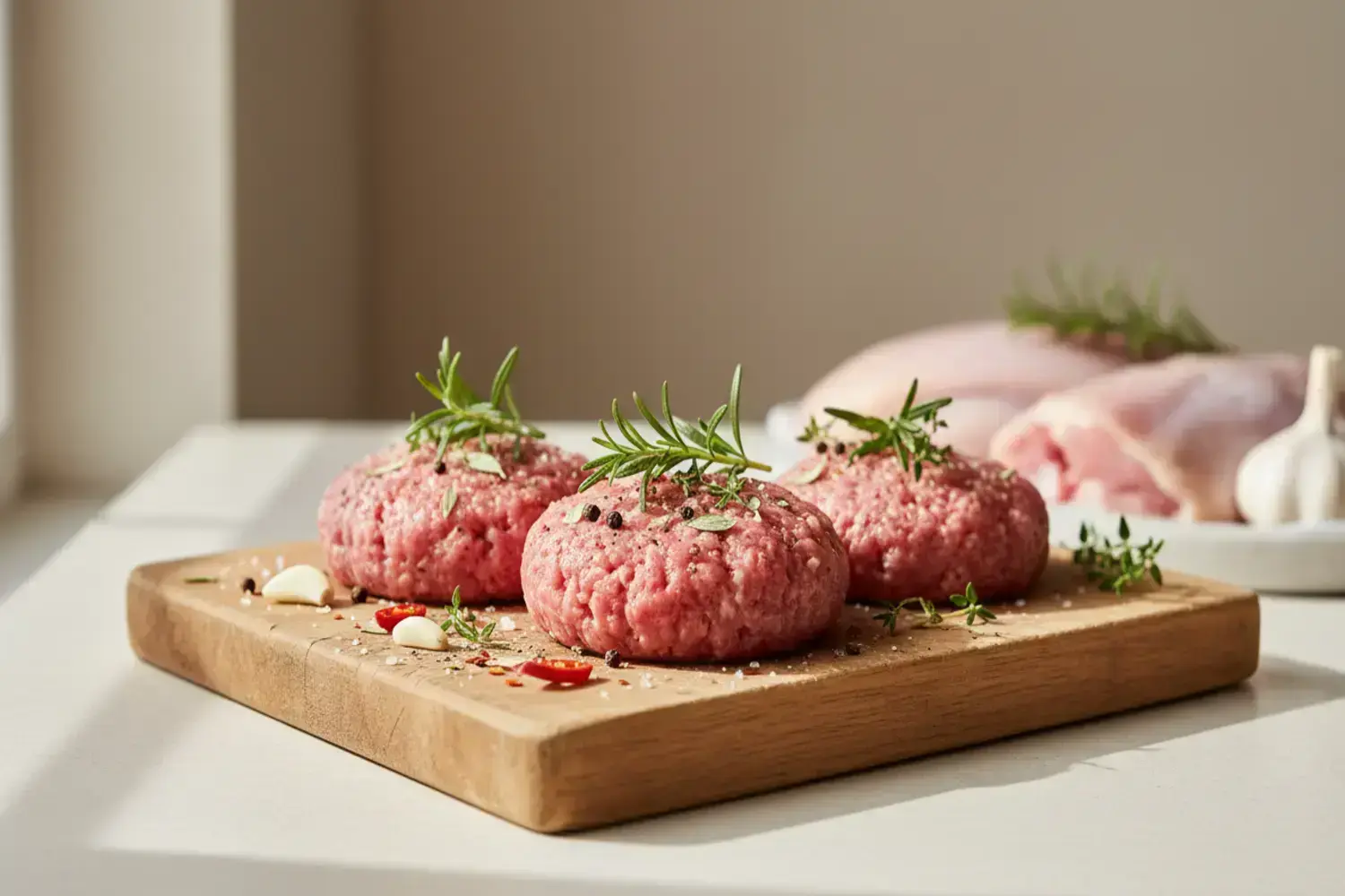 Tres con hamburguesa de pavo hamburguesas de pavo crudas sobre una tabla de madera, adornadas con hierbas frescas y especias, destacan en un fondo claro.