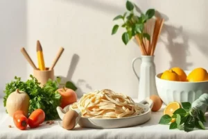 Mesa con tela clara, un plato blanco lleno de fideos amarillos, huevos y vegetales frescos como tomates y un rábano. Recetas con setas y ingredientes naturales en un entorno luminoso.