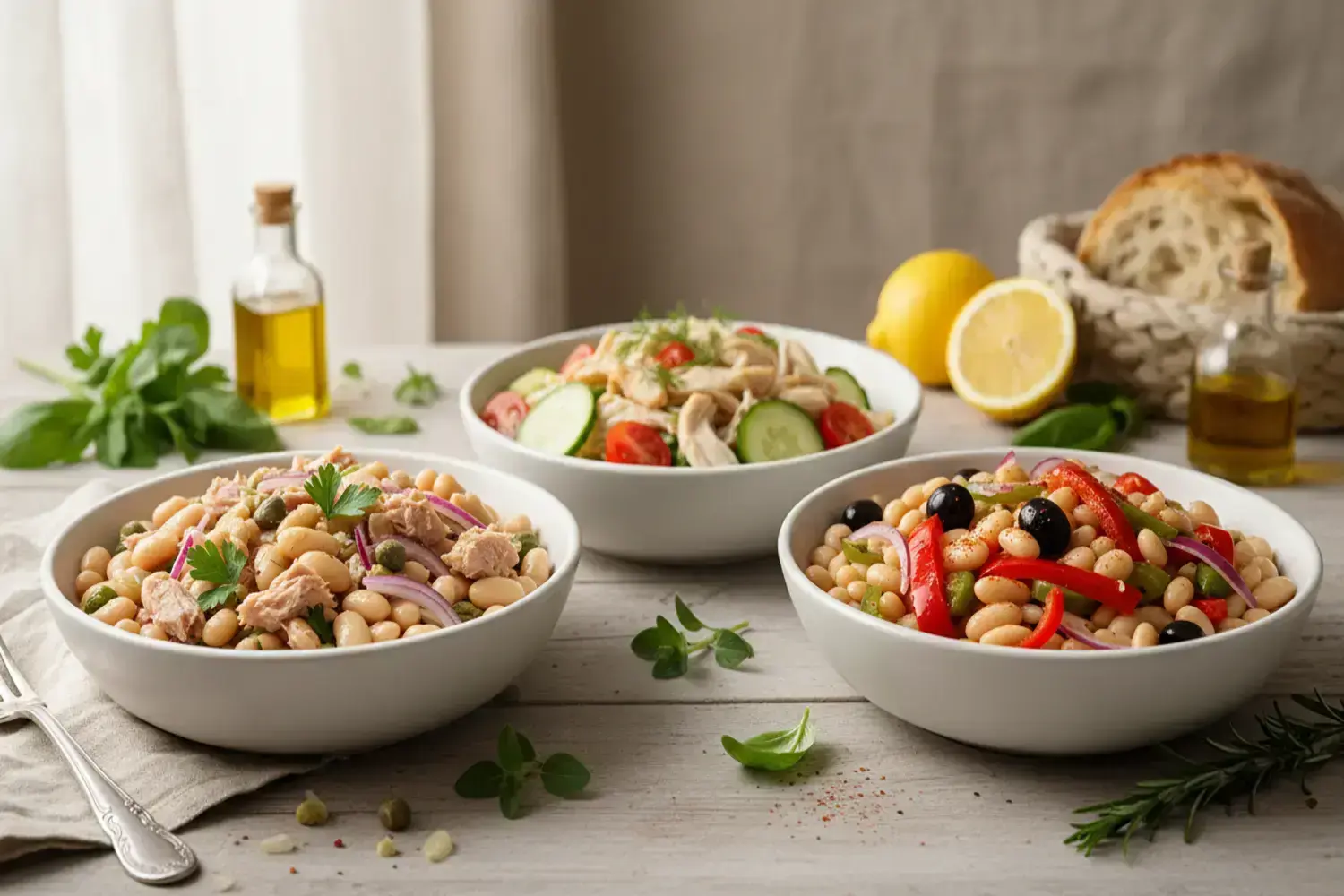 ensalada de alubias blancas ensaladas de alubias blancas en tres variantes, perfectas para disfrutar Tres tazones de ensalada de alubias blancas, uno con atún y cebolla roja, uno con tomate y pepino, y uno con pimientos rojos y aceitunas, rodeados de hierbas frescas y aceite.