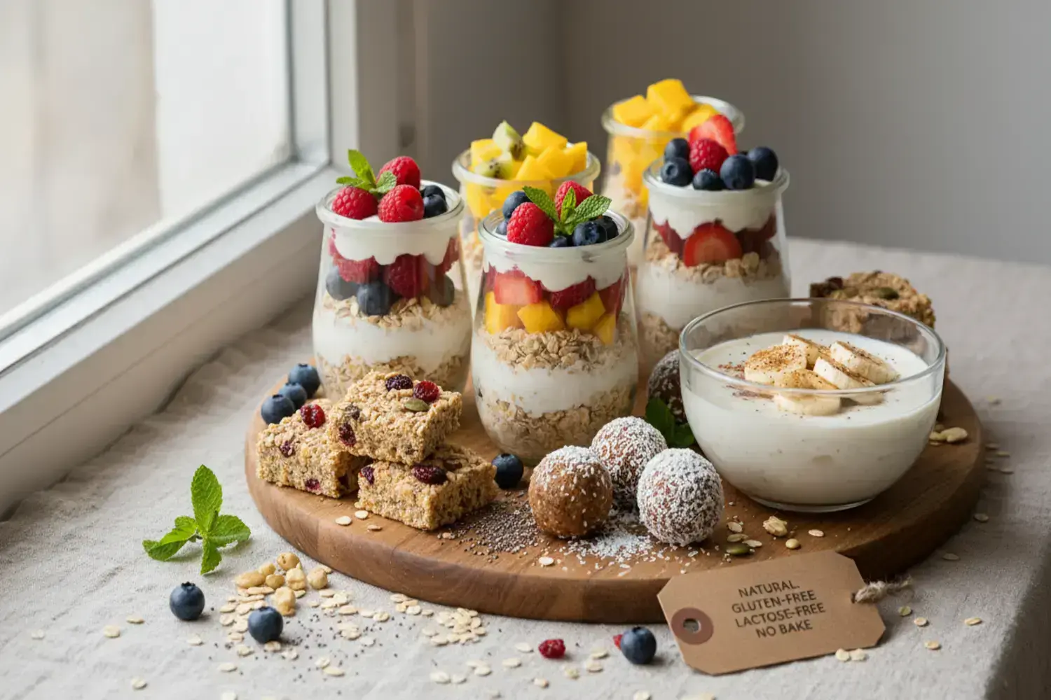 Vasos transparentes llenos de postres veganos saludables con fresas rojas, arándanos, trozos de mango y copos de avena, sobre una tabla de madera junto a bolitas energéticas y galletas.