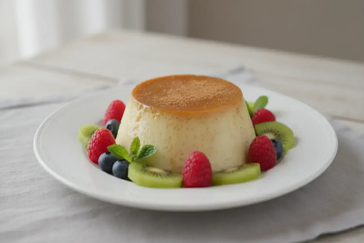 Delicioso flan de yogur con un acabado suave y brillante, decorado con fresas rojas, arándanos oscuros y kiwis verdes, sobre un plato blanco.