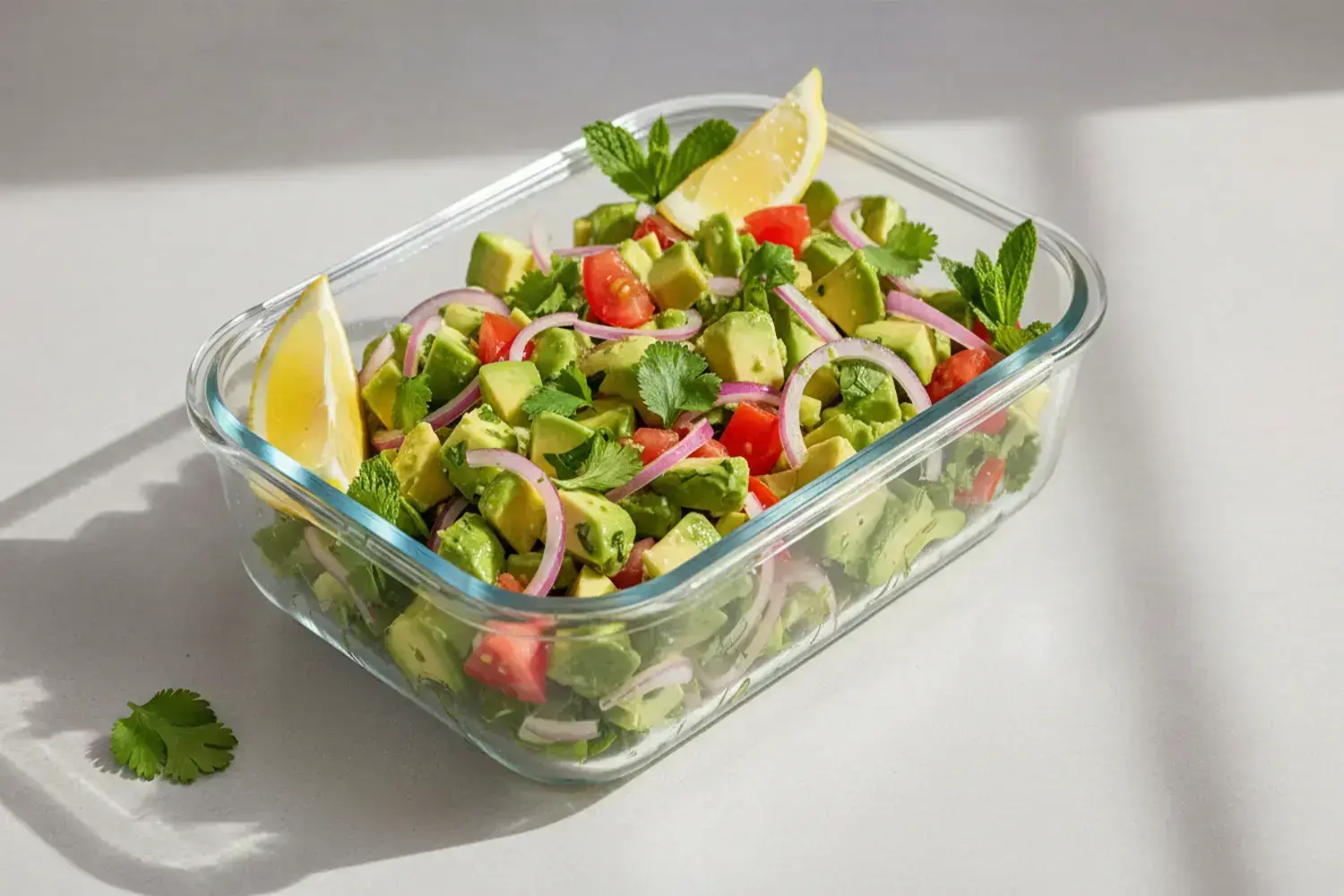 Bol de cristal transparente con ensalada de aguacate, cubos verdes de aguacate, tomates rojos, rodajas de cebolla morada y hojas frescas de cilantro y menta decorando.