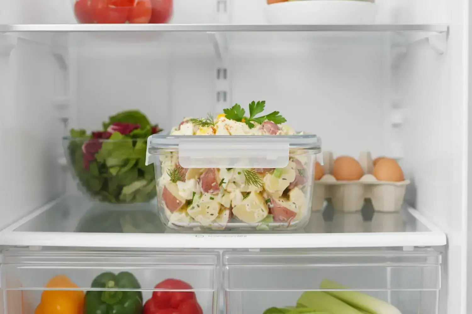 Deliciosa ensalada de patata en contenedor de vidrio en un refrigerador con verduras frescas Contenedor de vidrio con ensalada de patata cremoso, decorado con perejil fresco y trozos de papa, dentro de un refrigerador con verduras frescas.