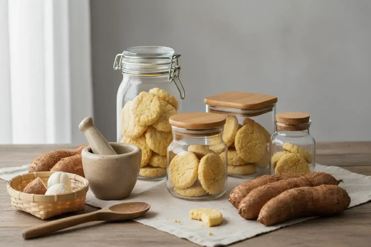 Deliciosas con galleta de yuca galletas de yuca en frascos de vidrio transparentes, junto a yucas crudas de color marrón, con fondo neutro y textura de mesa de madera.