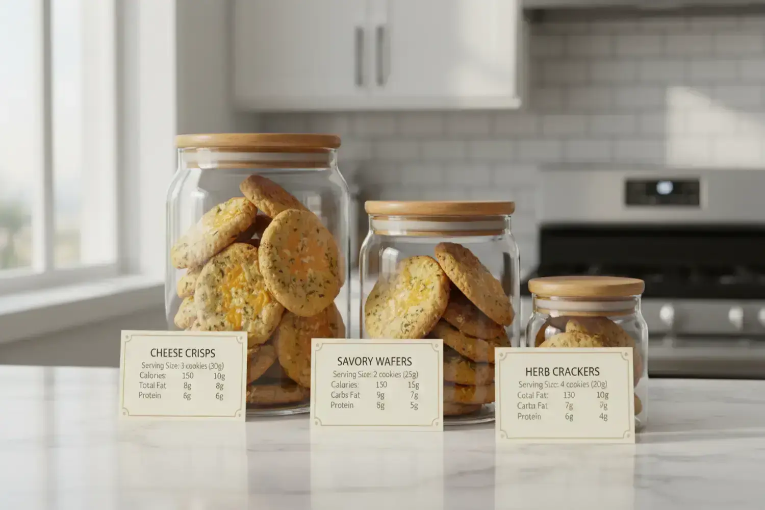 Deliciosas galletas de queso en frascos de vidrio con tapas de madera, perfectas para picar Galletas de queso doradas y crujientes apiladas en un frasco de vidrio claro, con una tapa de madera, sobre una mesa blanca de mármol.