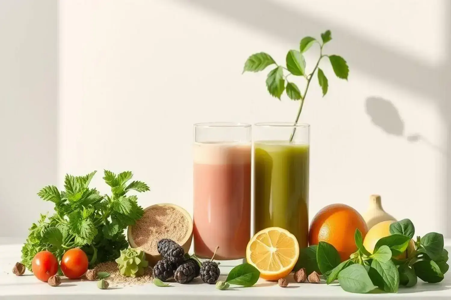 Dos vasos de jugo, uno rosa y otro verde, rodeados de verduras frescas, rodajas de limón, y hierbas, en un fondo claro. Dietas detox.