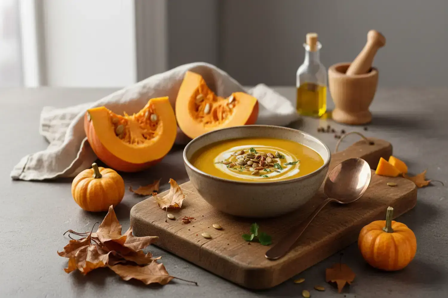 Un con recetas calabaza tazón de sopa de calabaza amarilla decorado con crema y semillas, rodeado de calabazas pequeñas y rodajas de calabaza, sobre una tabla de madera.