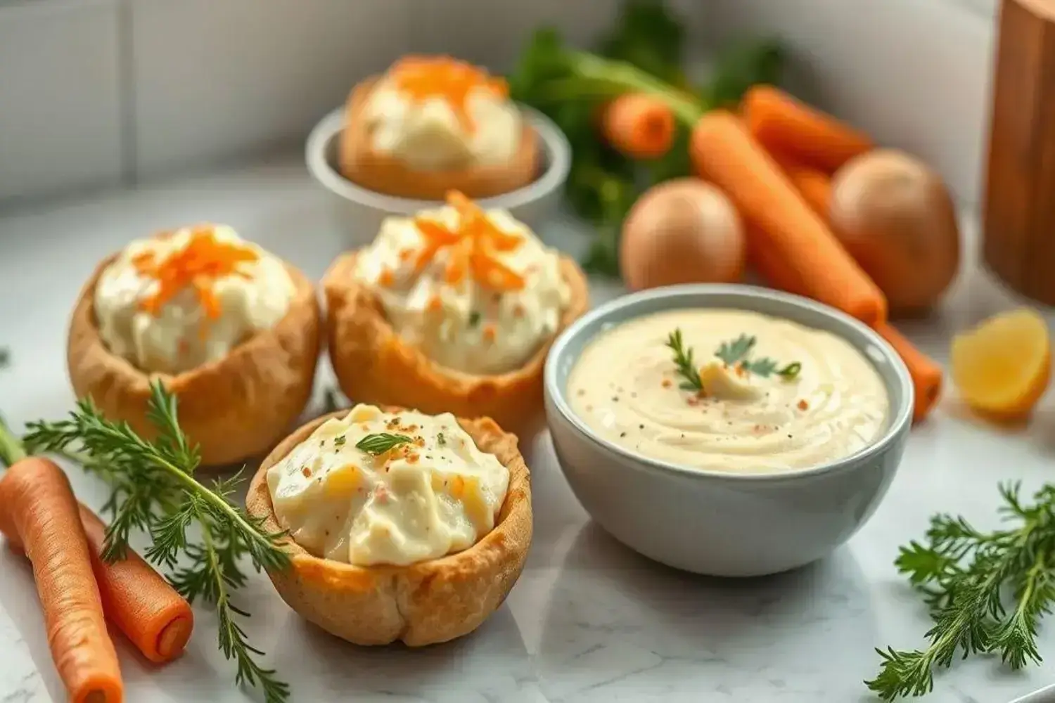 Deliciosas bolitas de papas rellenas de queso en masa dorada con zanahorias y hierbas frescas Bolitas de papas rellenas de queso en tazones de masa dorada, decoradas con zanahorias ralladas y hierbas verdes frescas sobre una mesa clara.