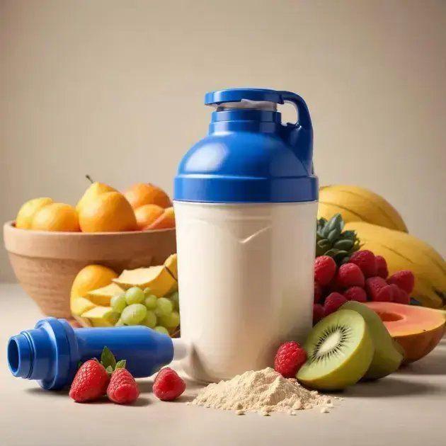 Mezclador azul con proteína de suero de leche y frutas frescas para un batido nutritivo Botella de mezclador azul con proteína de suero de leche, rodeada de frutas frescas como frambuesas, kiwis y un cuenco de frutas tropicales.