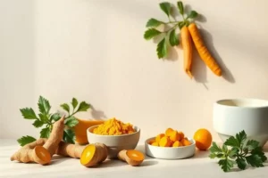 Raíz con curcuma beneficios de curcuma con corteza marrón y pulpa anaranjada, polvo de curcuma en un cuenco blanco, rodajas de curcuma y hojas verdes frescas, todo iluminado por luz suave.