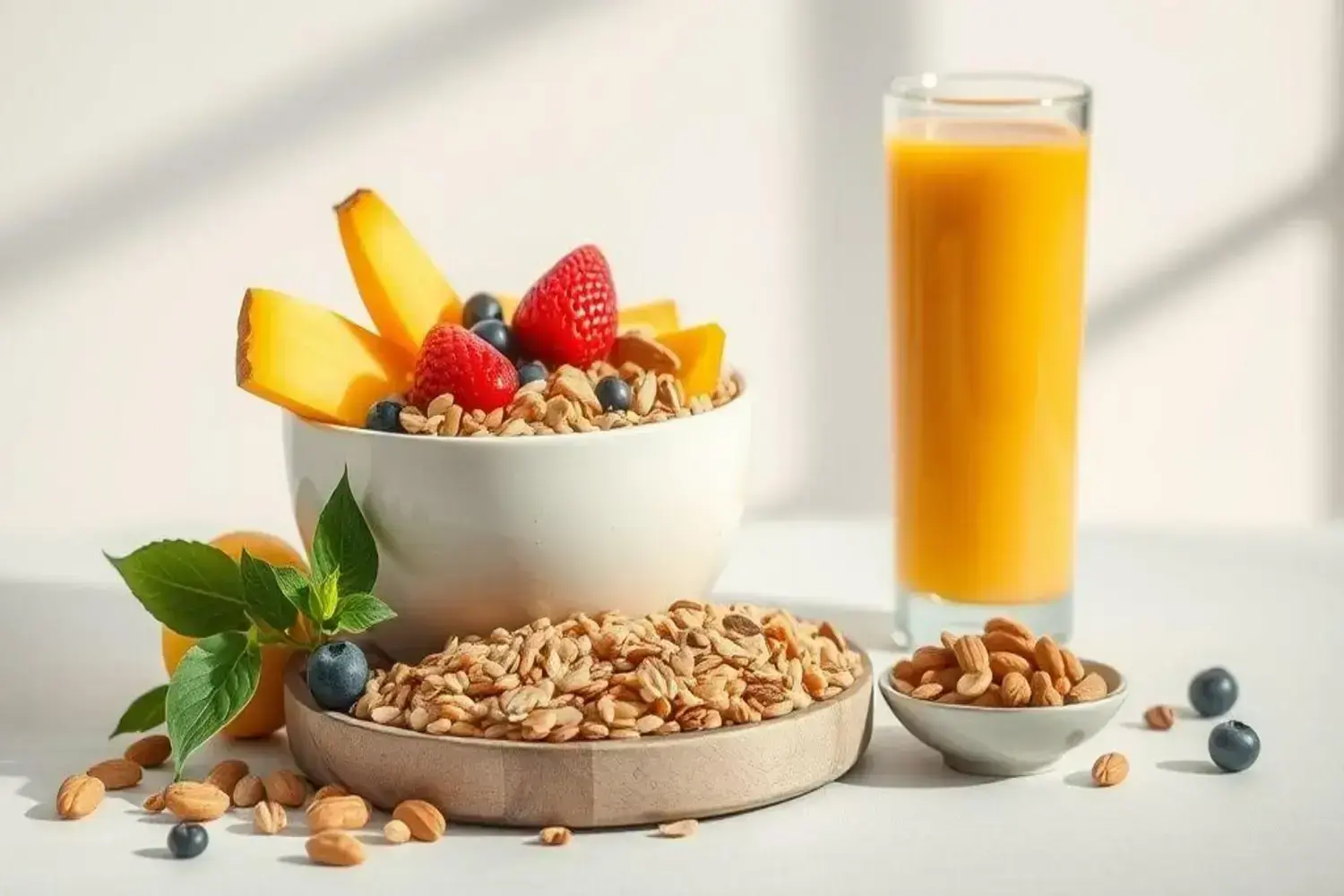 Tazón con dieta saludable para bajar de peso blanco con granola, trozos de mango amarillo, fresas rojas y arándanos, rodeado de almendras y hojas verdes. Jugo naranja fresco en vaso.