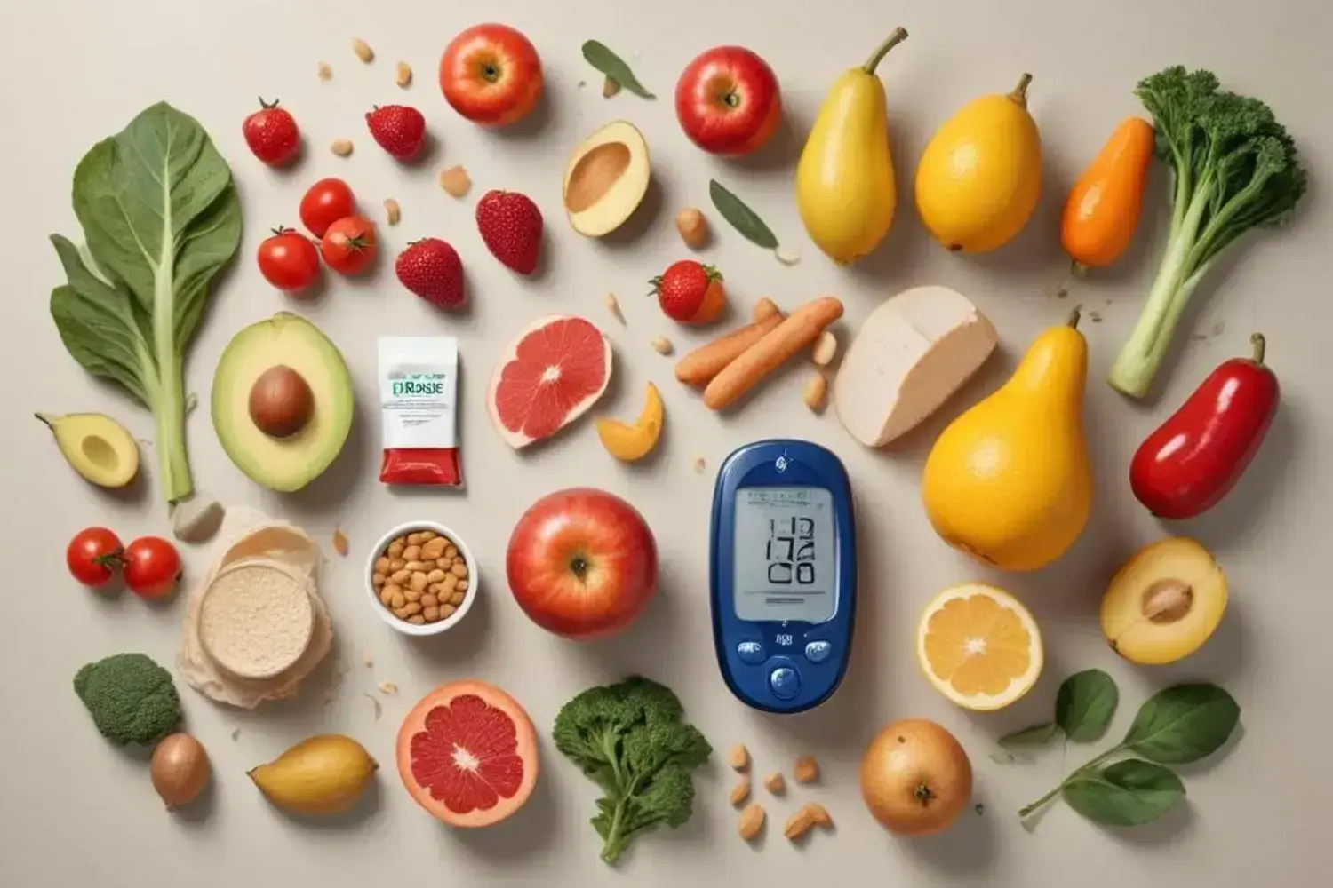 Diabetes tipo 2 guía práctica: síntomas, fisiopatología, control y riesgos 1 Mesa clara con una variedad de frescos alimentos saludables, incluyendo aguacate, tomates rojos, manzanas brillantes y una máquina para medir diabetes tipo 2.