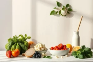 Mesa con verduras frescas y frutas coloridas. Lechugas verdes, tomates rojos, naranjas y un frasco blanco. Ideal para una dieta bajo sodio.