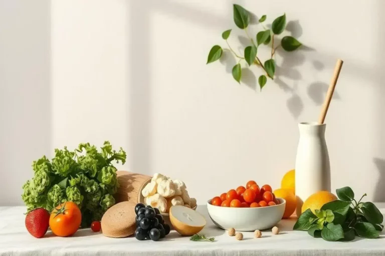 Mesa blanca con una variedad de alimentos frescos, incluyendo lechuga verde, tomates rojos y amarillos, uvas negras, y un cuenco blanco lleno de pequeñas naranjas, ideal para una dieta desintoxicante.