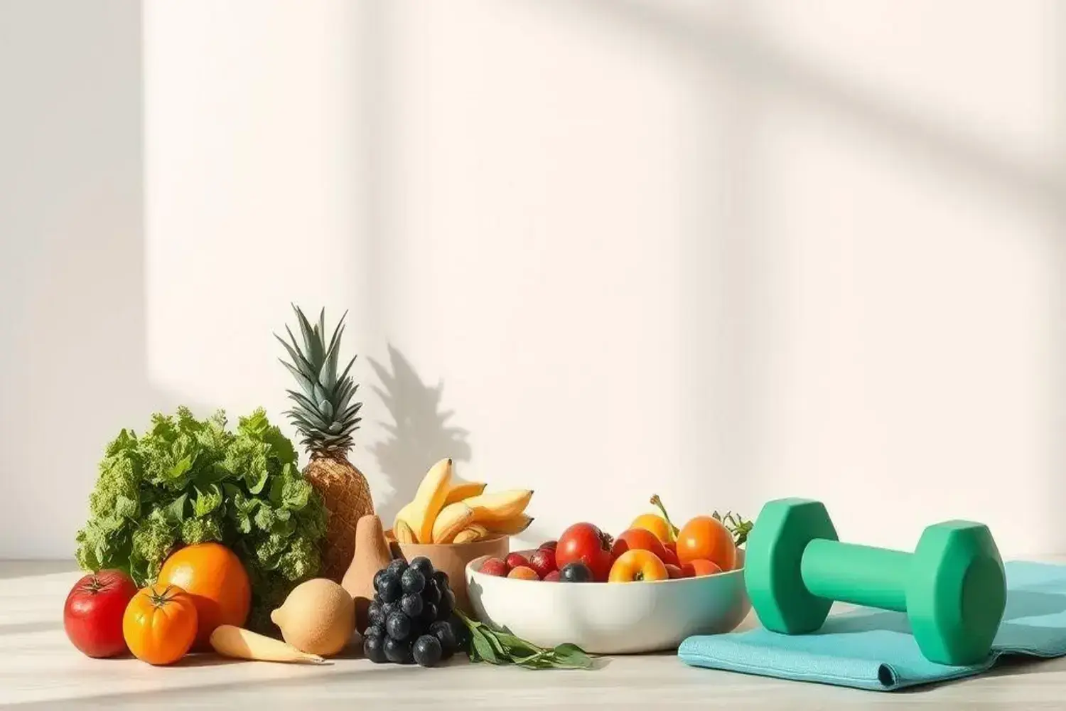 Frutas y verduras frescas con peso de entrenamiento, útiles para el manejo de la diabetes tipo 2 Variedad con diabetes tipo 2 de frutas y verduras frescas, incluyendo piña y lechuga verde, en una mesa junto a un peso de entrenamiento, ideal para diabéticos tipo 2.