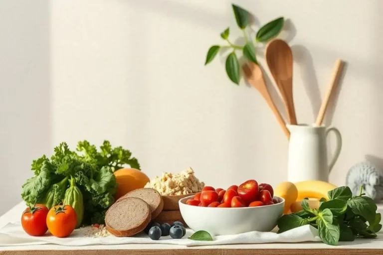 Mesa de madera con diversos ingredientes frescos: lechuga verde, tomates rojos y amarillos, plátano, y una taza blanca llena de tomates cherry, todo listo para una dieta para ganar masa muscular.
