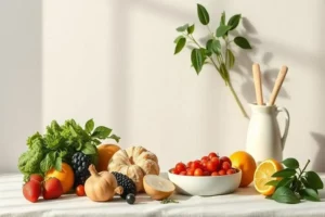 Variedad con alimentos para la presion alta de alimentos saludables para la presión alta: lechuga verde brillante, fresas rojas, calabaza beige, arándanos negros, naranjas y cherry en un bol blanco.