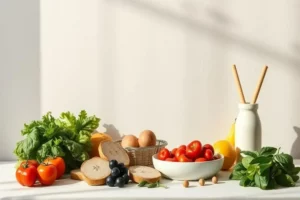 Mesa con ingredientes saludables: lechuga verde brillante, tomates rojos y amarillos, pan integral, huevos y un vaso blanco con palitos de madera, ideal para una dieta saludable para bajar de peso.