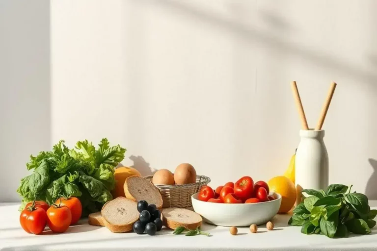 Mesa con ingredientes saludables: lechuga verde brillante, tomates rojos y amarillos, pan integral, huevos y un vaso blanco con palitos de madera, ideal para una dieta saludable para bajar de peso.