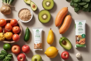 Variedad de frutas y verduras coloridas en una mesa, incluyendo tomates rojos, aguacate verde, kiwi, y zanahorias naranjas, destacando la dificultad para bajar de peso.