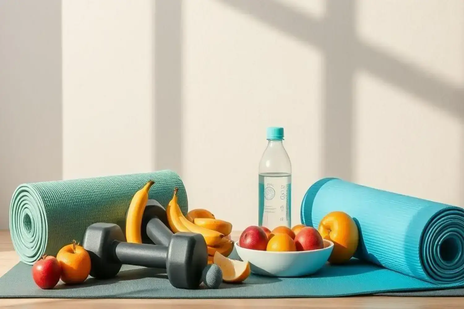 Dos esterillas de ejercicio en colores verde y azul, mancuernas negras, frutas frescas como plátanos y manzanas rojas, todo disponible para ejercicio después de los 40.
