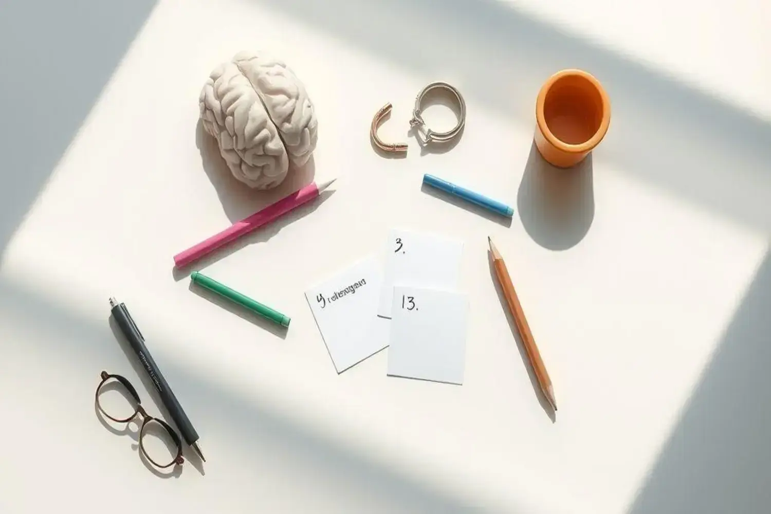 Modelo con ejercicio para el cerebro del cerebro en color blanco rodeado de lápices de colores rosa, verde, azul y naranja sobre una superficie clara, junto a tarjetas en blanco con números.