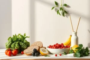 Mesa con variedad de alimentos saludables, incluyendo lechuga verde, tomates rojos, rebanadas de pan integral, frambuesas y un limón amarillo, ideal para ejercicios para mantenerse en forma.