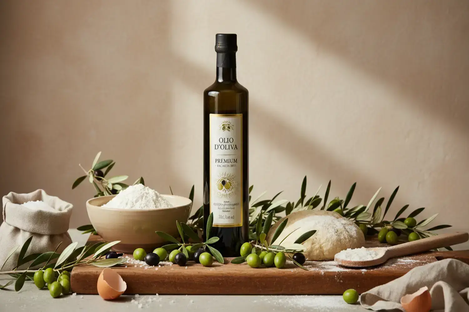 Botella de aceite de oliva con etiqueta en blanco y verde, rodeada de ingredientes para bizcocho de aceite de oliva, como harina, aceitunas, y un huevo roto.