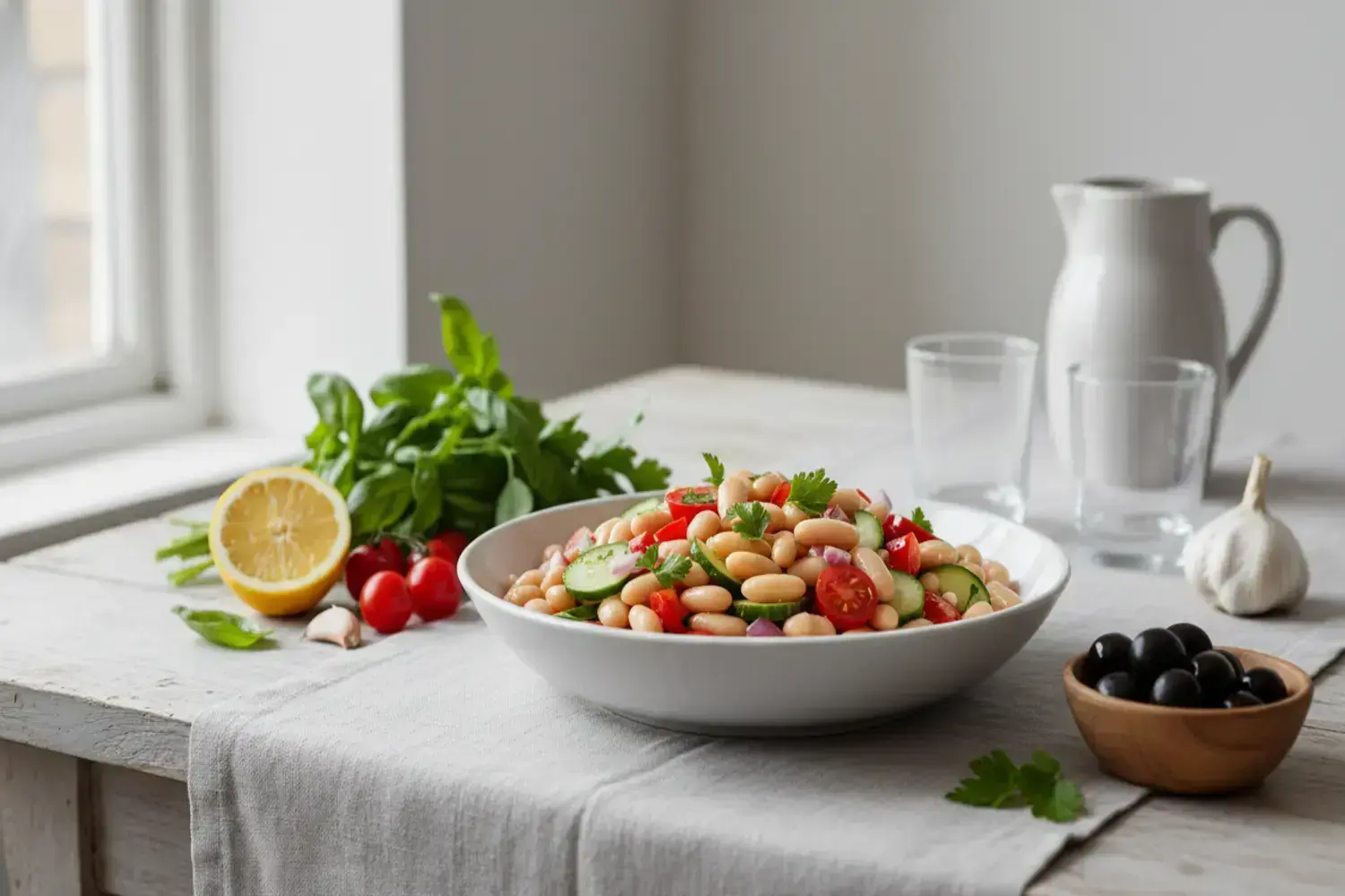 Ensalada de alubias blancas de bote en 10 minutos, receta fácil con atún 1 Gran bol de ensalada de alubias blancas con trozos de tomate rojo, rodajas de pepino y hojas verdes de cilantro, sobre una mesa clara.