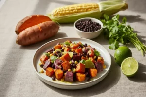 Plato blanco con ensalada de camote, trozos naranjas y morados de camote, maíz dorado, frijoles negros y cilantro fresco, sobre un mantel beige.