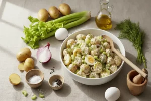 Ensalada de patata en un tazón blanco, con papas doradas, huevo duro, apio verde y cebolla morada, decorada con hierbas frescas.