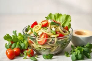 Ensalada ligera con fideos de pasta amarillos, tomates cherry rojos, pimientos, y hojas verdes frescas, en un bol de vidrio