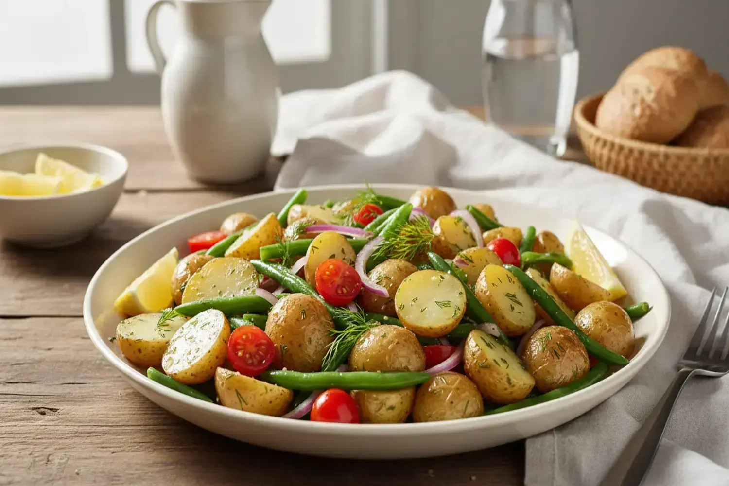 Deliciosa ensalada de patata con judías verdes y tomates cherry, perfecta para cualquier comida Plato amplio con ensalada de patata, incluyendo patatas doradas, judías verdes frescas, tomates cherry rojos y rodajas de cebolla morada, todo sobre un fondo de madera.