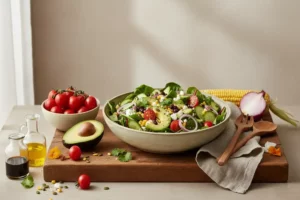 Plato grande de ensalada para cenar con espinacas verdes, rodajas de tomate rojo, aguacate y trozos de maíz, rodeado de ingredientes frescos.