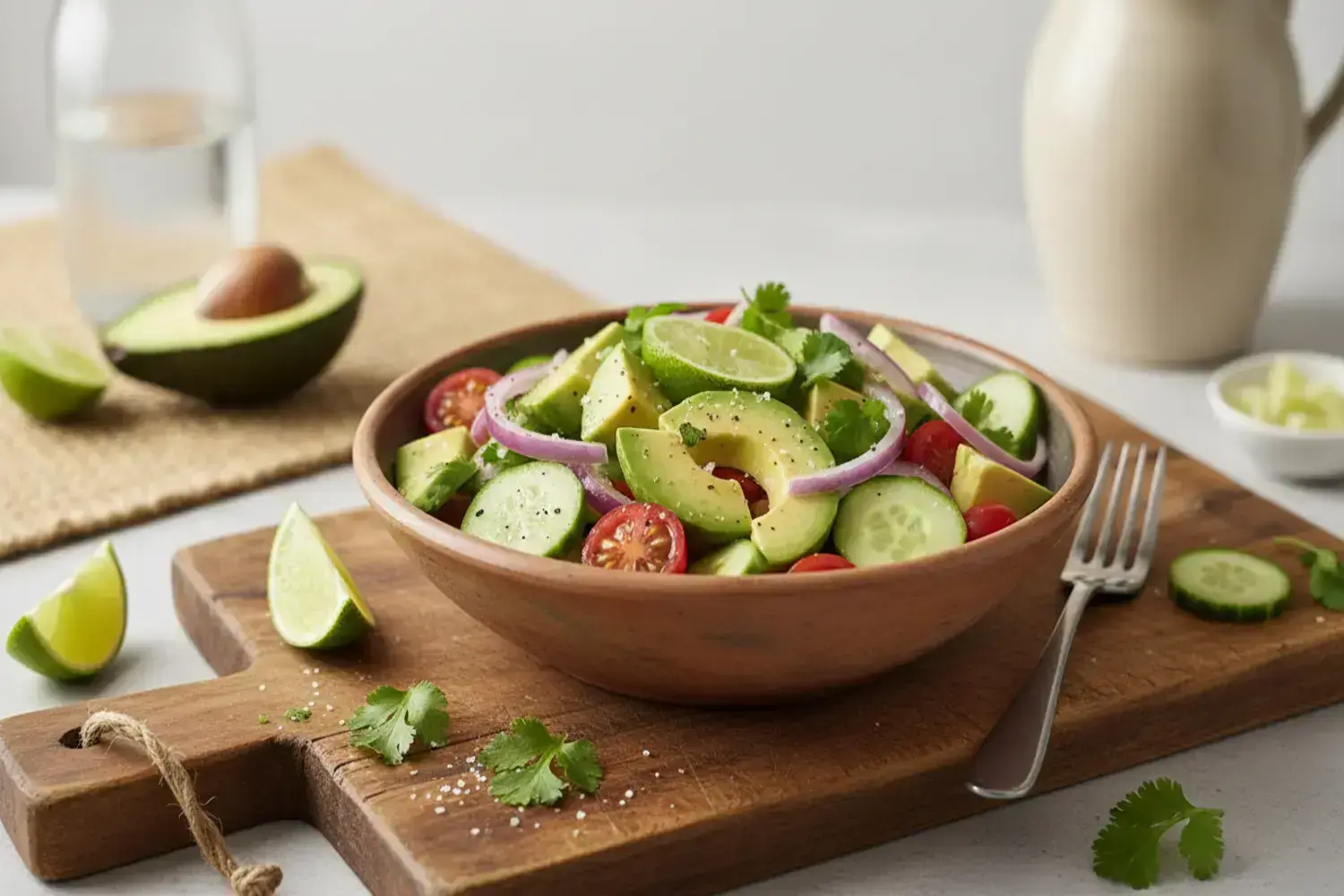 Ensalada de aguacate en bol de madera, con rodajas de tomate, pepino, cebolla morada y cilantro fresco, decorada con limas cortadas.