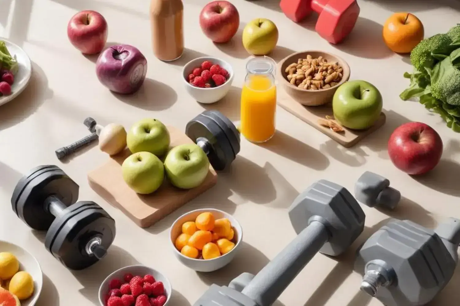 Vistas de manzanas verdes y rojas junto a pesas de colores gris y rojo, todo iluminado por la luz del sol, simbolizando perder barriga.