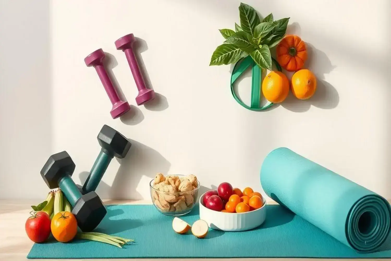 Dos mancuernas moradas y negras sobre una esterilla azul, con frutas frescas como naranjas y tomates en un plato blanco, destacando la importancia de como ganar masa muscular rápido.