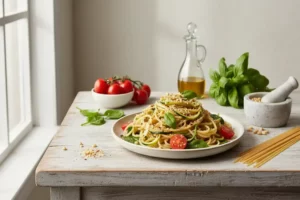 Plato de espagueti saludable con fideos dorados, tomates rojos y hojas verdes de albahaca en un fondo de mesa de madera clara.