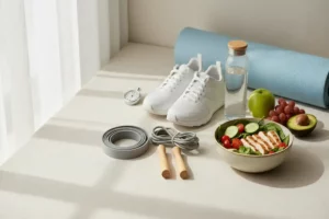 Zapatillas deportivas blancas junto a una botella de agua y un tazón con ensalada fresca en una mesa clara, perfecta para ejercicios para bajar de peso rápido.