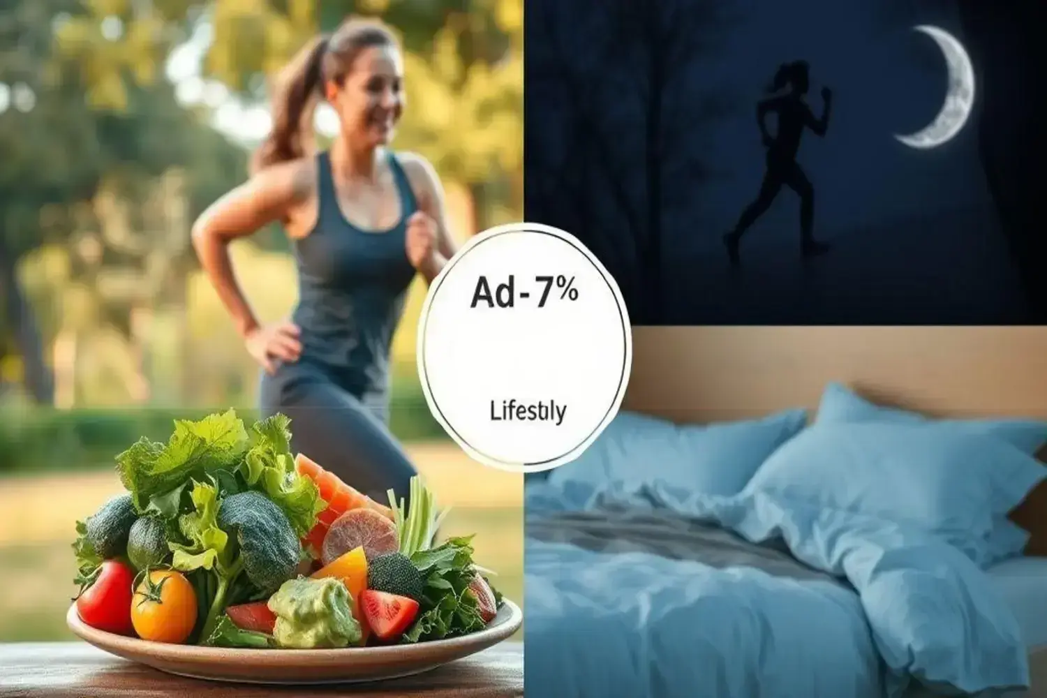 Mujer en una camiseta negra corriendo energéticamente hacia la derecha, con un plato de vegetales frescos en primer plano, representando el enfoque en la grasa visceral.
