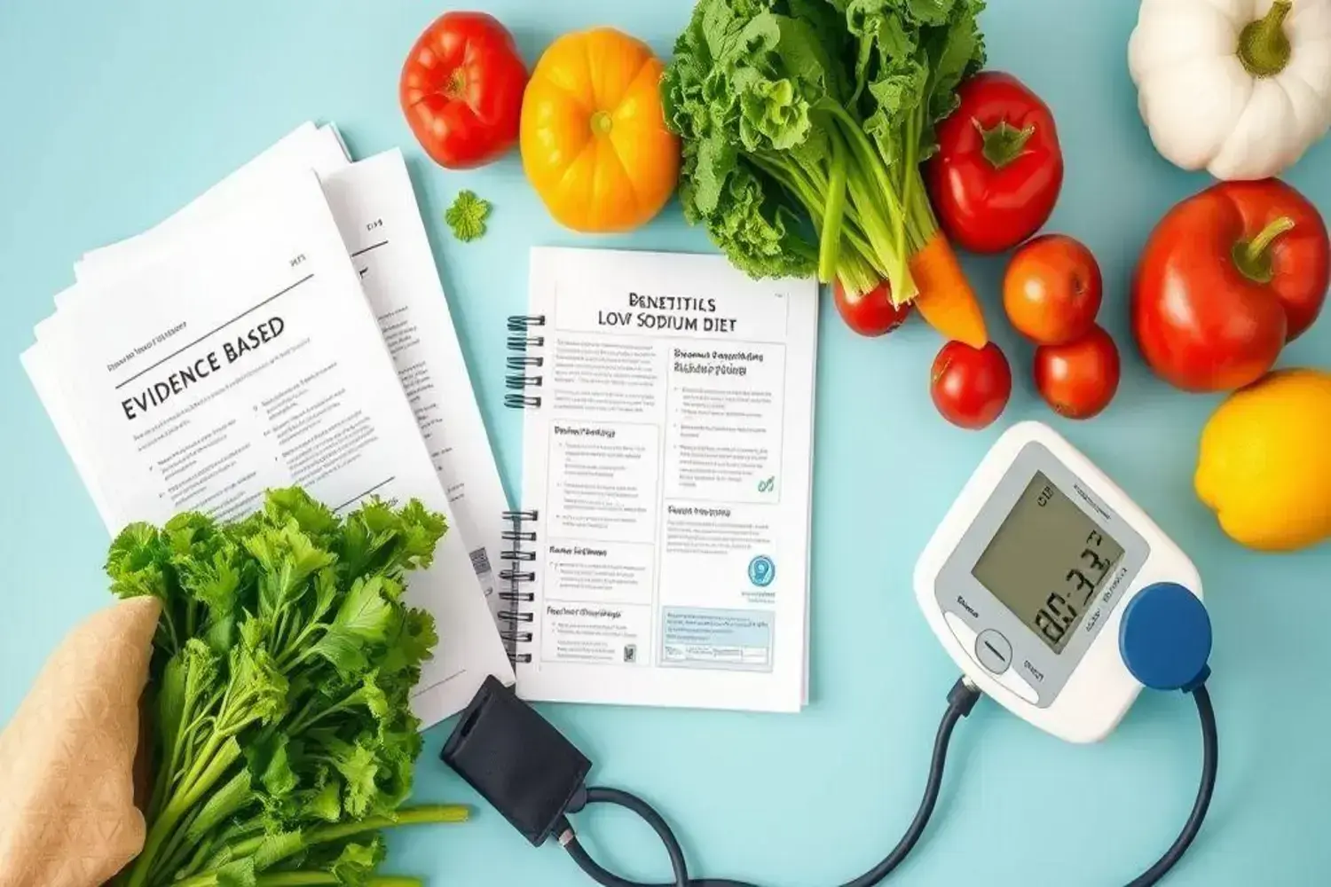 Beneficios y elementos de la dieta bajo sodio con vegetales frescos y salud Artículos sobre dieta bajo sodio con hojas verdes de apio, tomates rojos y amarillos, y un monitor de presión arterial sobre fondo azul.